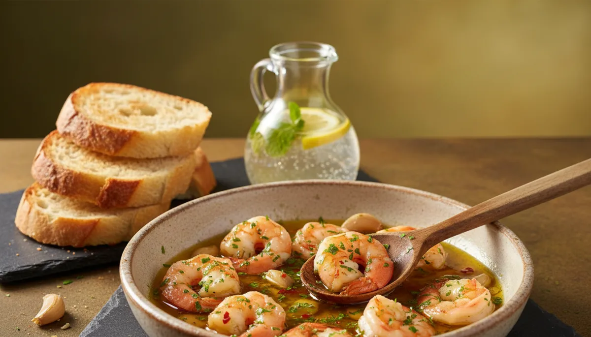 Koekenpan met gebakken scampi in knoflookolie en peterselie Koekenpan met gebakken scampi in knoflookolie en peterselie