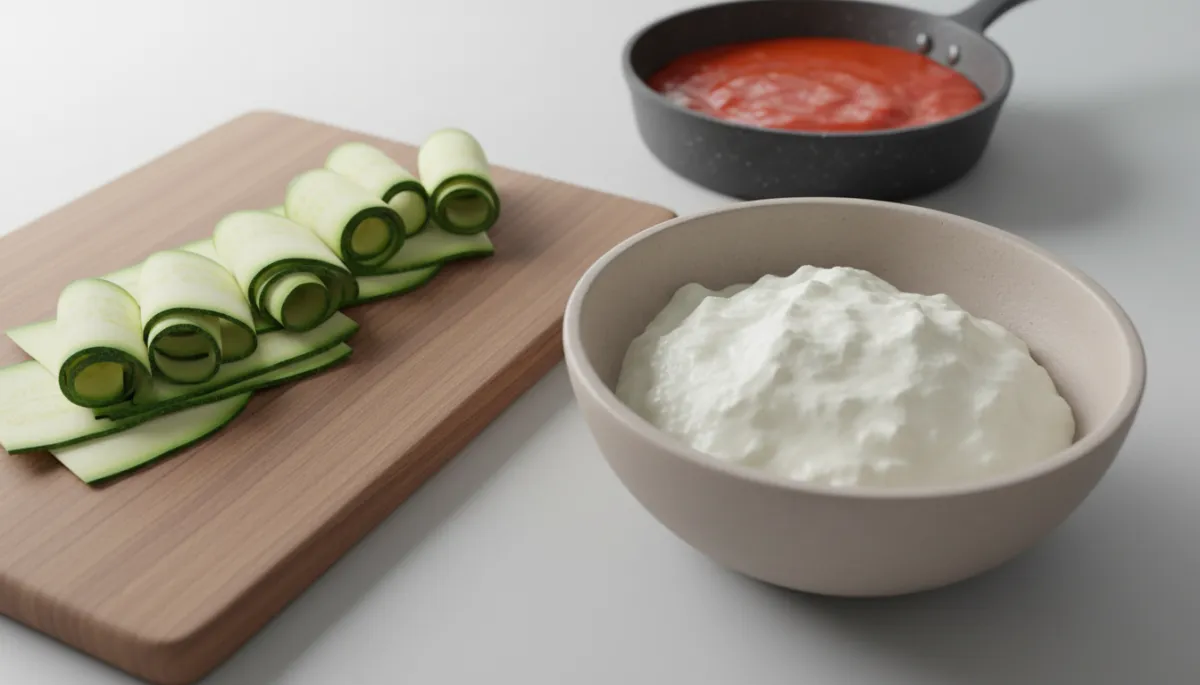 Dunne courgetteplakken, romige ricotta en een pan tomatensaus klaar voor bereiding Dunne courgetteplakken, romige ricotta en een pan tomatensaus klaar voor bereiding