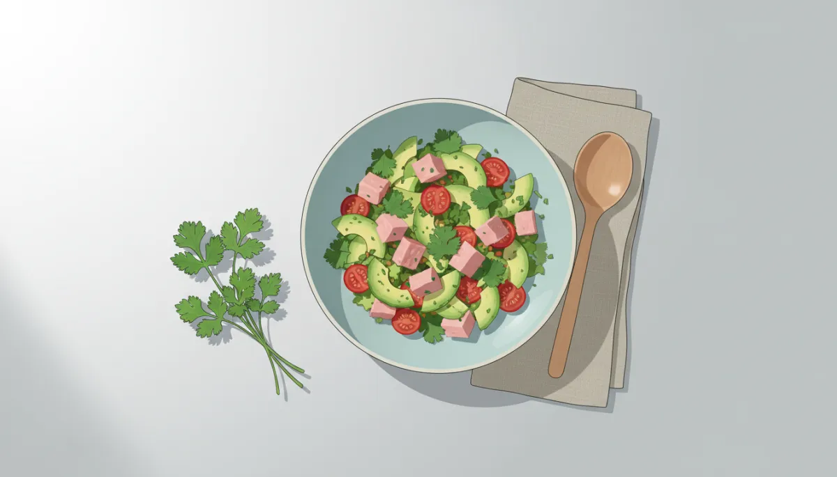 Professioneel gepresenteerde kom eiwitrijke tonijnsalade met avocado en koriander