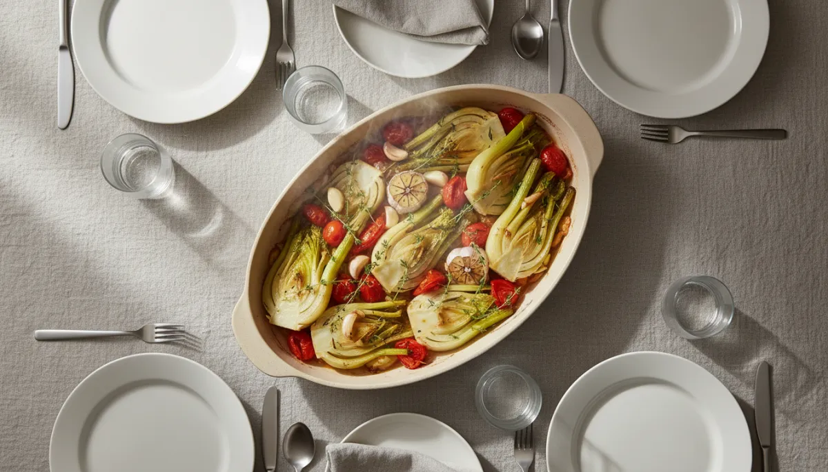 Pan met zacht gestoofde venkel, tomaat, knoflook en tijm op een neutrale tafel Pan met zacht gestoofde venkel, tomaat, knoflook en tijm op een neutrale tafel