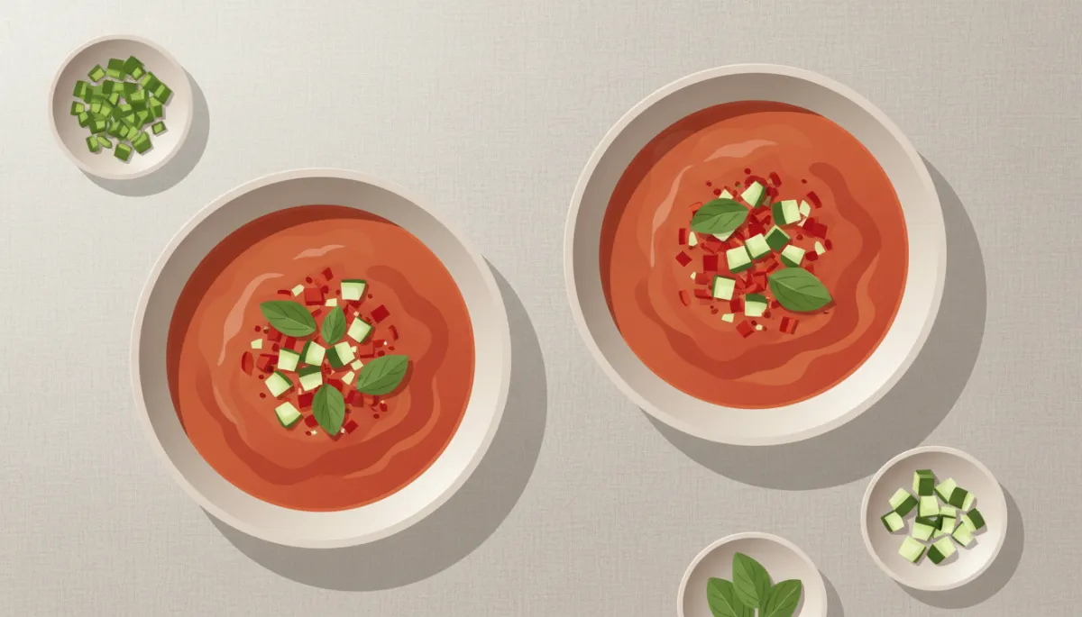 Twee borden koude Spaanse tomatensoep met groentegarnering