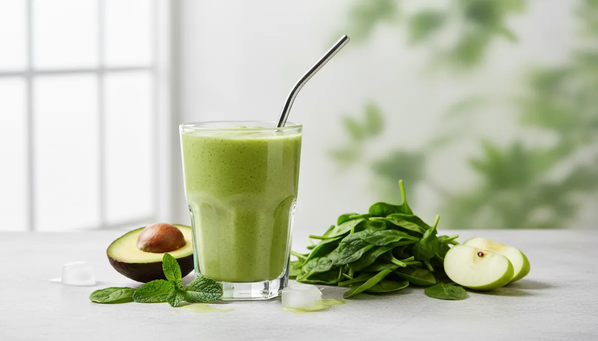 Glas groene smoothie met avocado, spinazie, appel en munt