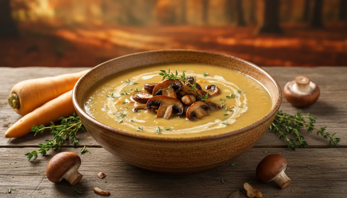 Kom romige pastinaaksoep met champignons en tijm op houten tafel