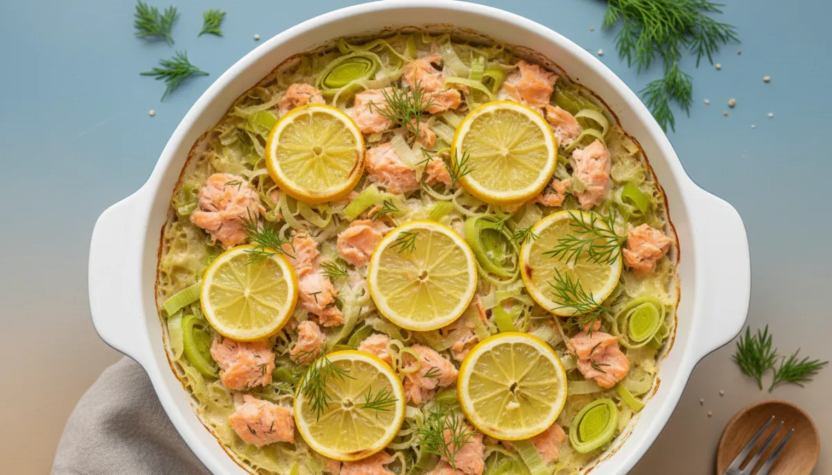 Ovenschotel van Prei en Zalm met Citroen en Dille