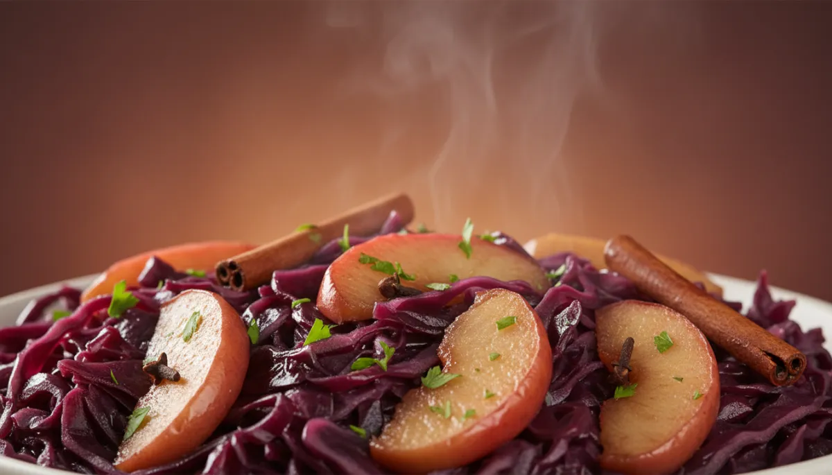 Bowl of braised red cabbage with apple, steam rising