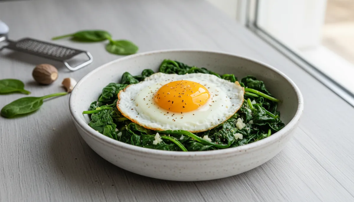 Verse Spinazie met Knoflook en Gebakken Ei Recept