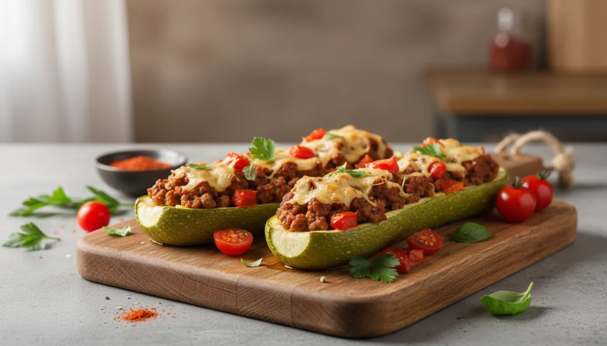 Baked zucchini boats filled with seasoned meat and tomato on a plate