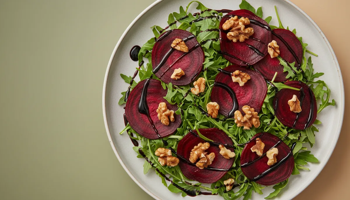 Close-up of beet carpaccio with arugula, walnuts, and balsamic dressing
