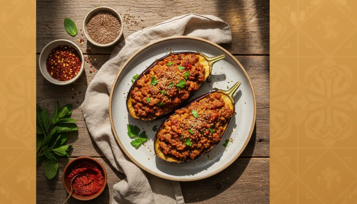 Gevulde Aubergine met Lamsgehakt en Komijn