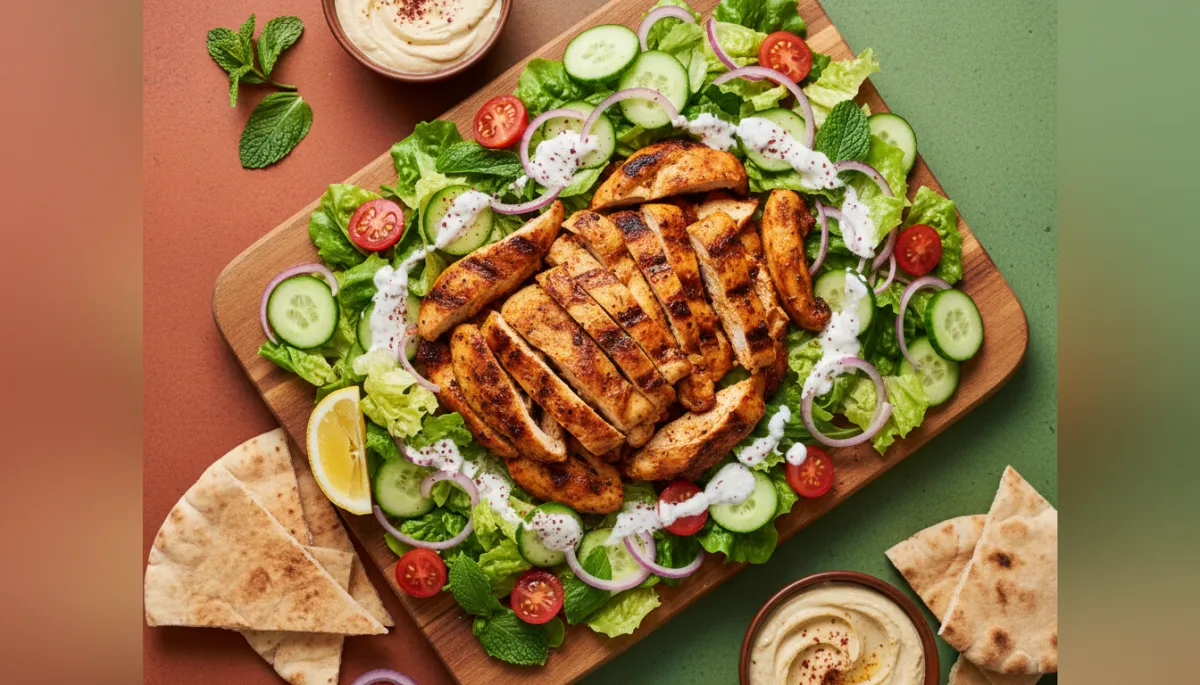 Close-up of shawarma-spiced chicken with fresh salad on a plate