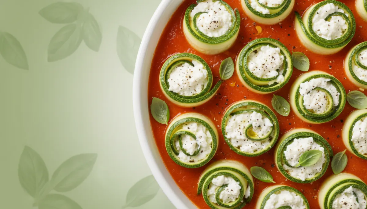 Courgetterolletjes met ricotta in tomatensaus in witte ovenschaal