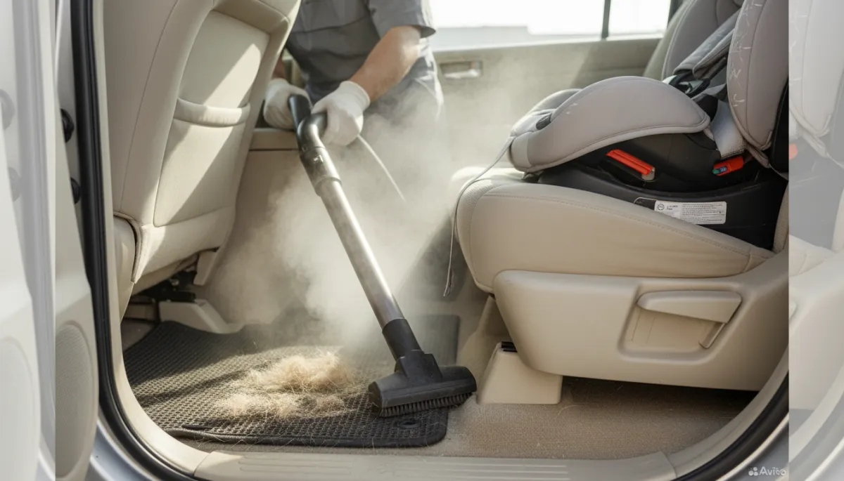 Detailer deep cleaning the interior of a family SUV Detailer deep cleaning the interior of a family SUV