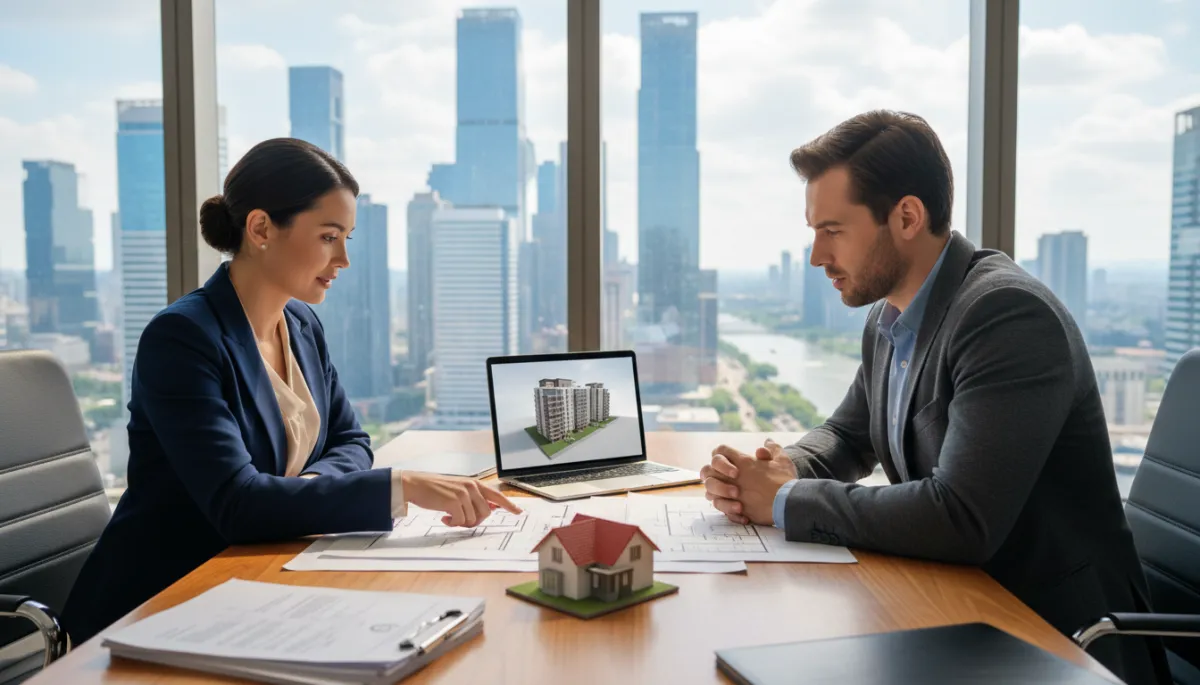 A photorealistic, high-quality image of a professional real estate agent meeting with a client inside a modern, well-lit office. The agent, dressed in business attire, is showing property documents and discussing details with the client, who appears engaged and attentive. On the desk are a laptop, floor plans, and a small model house, emphasizing the property transaction process. Large windows reveal an urban cityscape, adding a sense of trust, expertise, and professionalism, perfectly illustrating the value of having a real estate agent as an ally when buying or selling property. A photorealistic, high-quality image of a professional real estate agent meeting with a client inside a modern, well-lit office. The agent, dressed in business attire, is showing property documents and discussing details with the client, who appears engaged and attentive. On the desk are a laptop, floor plans, and a small model house, emphasizing the property transaction process. Large windows reveal an urban cityscape, adding a sense of trust, expertise, and professionalism, perfectly illustrating the value of having a real estate agent as an ally when buying or selling property.