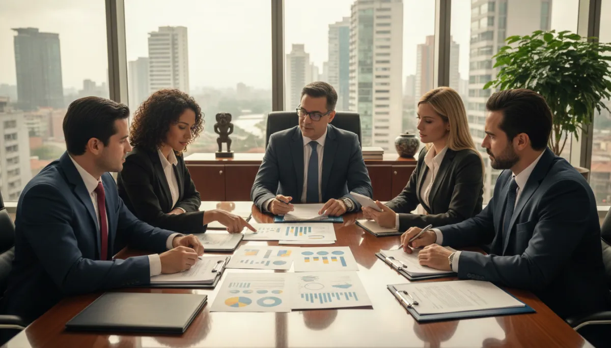 A photorealistic, high-quality image showing a diverse group of professional men and women, including at least two women, seated around a polished conference table in a modern office. They are attentively reviewing and discussing documents related to real estate brokerage, with visible charts and legal papers referencing Colombian commercial customs, rules, and remuneration in the real estate sector. The background features large windows with city views, subtle Colombian cultural elements, and a sophisticated, professional ambiance suitable for a business blog.