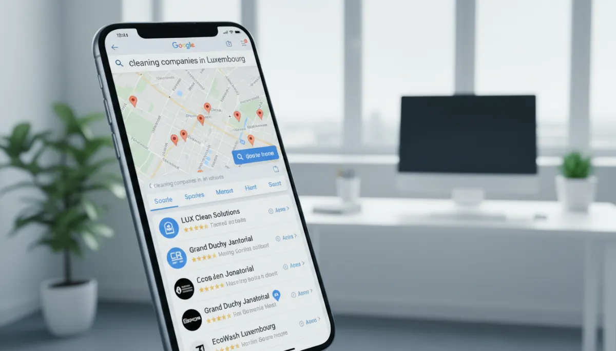 Résultats Google Maps affichant des entreprises de nettoyage au Luxembourg sur smartphone Résultats Google Maps affichant des entreprises de nettoyage au Luxembourg sur smartphone