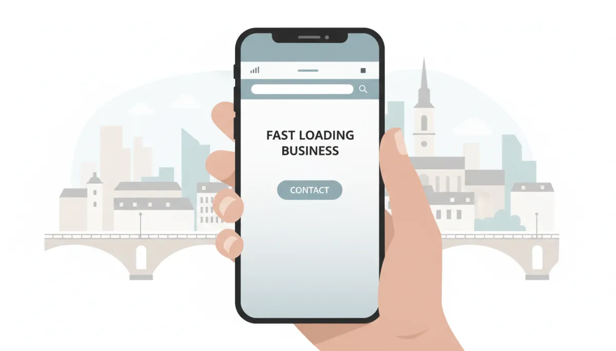 professional photorealistic close-up of a smartphone in a person’s hand showing a fast-loading service business website with a visible contact button, neutral colors, Luxembourg city in soft background professional photorealistic close-up of a smartphone in a person’s hand showing a fast-loading service business website with a visible contact button, neutral colors, Luxembourg city in soft background