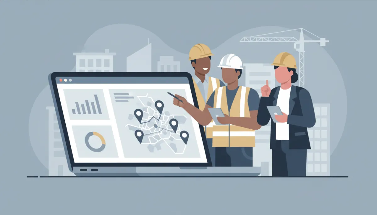 Équipe d'entreprise de construction au Luxembourg analysant les résultats de recherche locaux sur un ordinateur portable