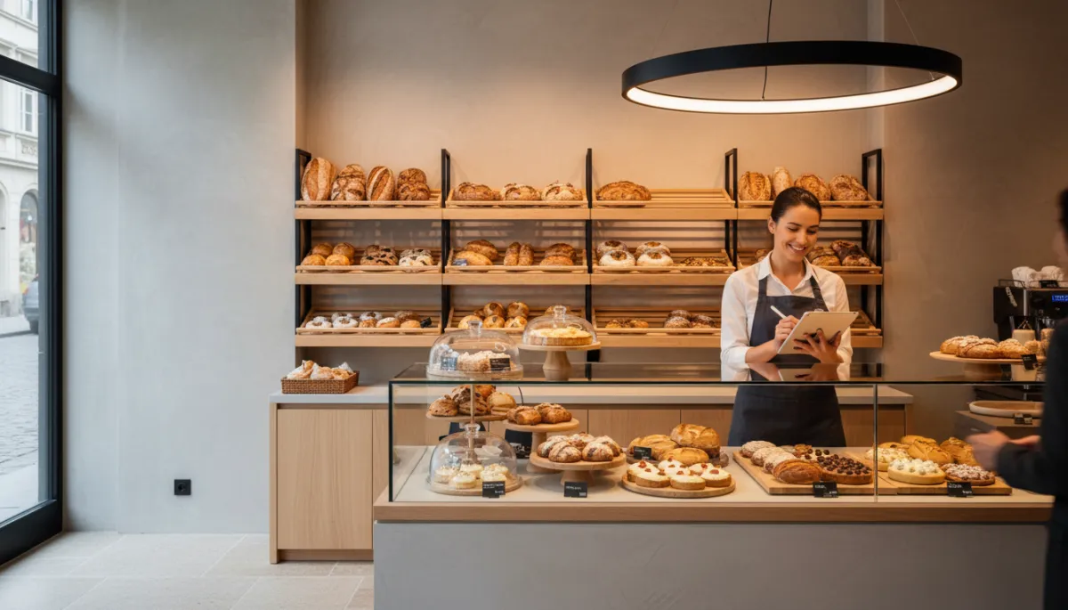 Boulangerie moderne où un vendeur enregistre les coordonnées des clients sur une tablette Boulangerie moderne où un vendeur enregistre les coordonnées des clients sur une tablette