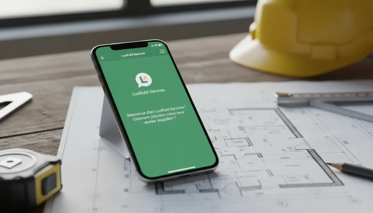 Smartphone affichant un message de bienvenue WhatsApp Business professionnel