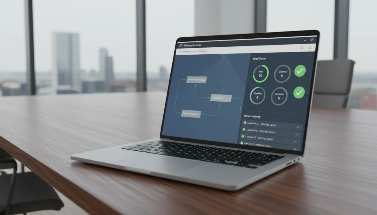 Tableau de bord d’automatisation WhatsApp Business connecté à un CRM