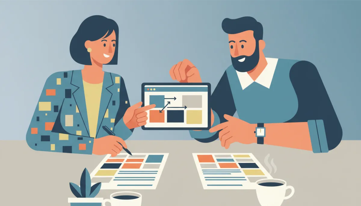 Artisan luxembourgeois discutant d’un plan de site web modulaire avec un consultant