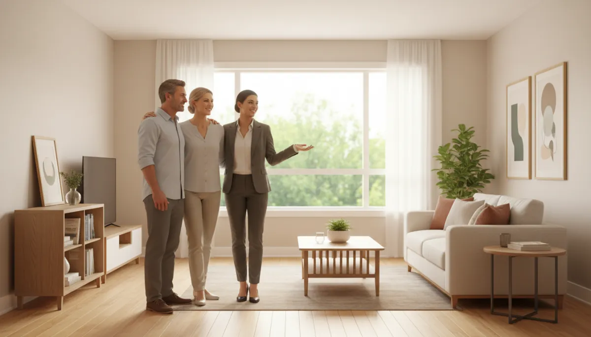 Property manager walking long-term tenants through a well-maintained rental unit