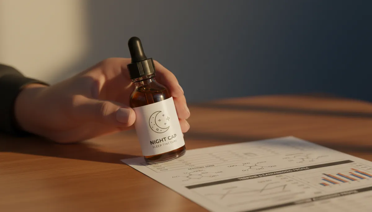 Professional close-up of cannabis sleep tincture and terpene profile chart