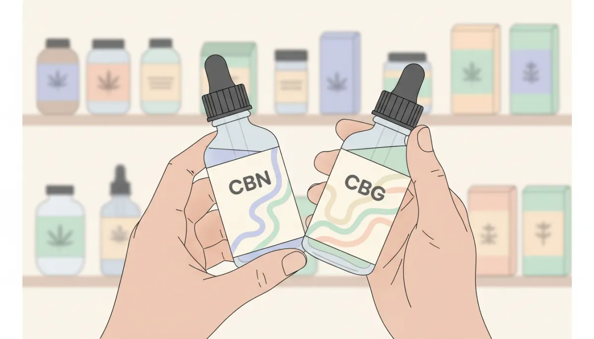 Budtender comparing CBN and CBG tincture bottles in a professional dispensary setting