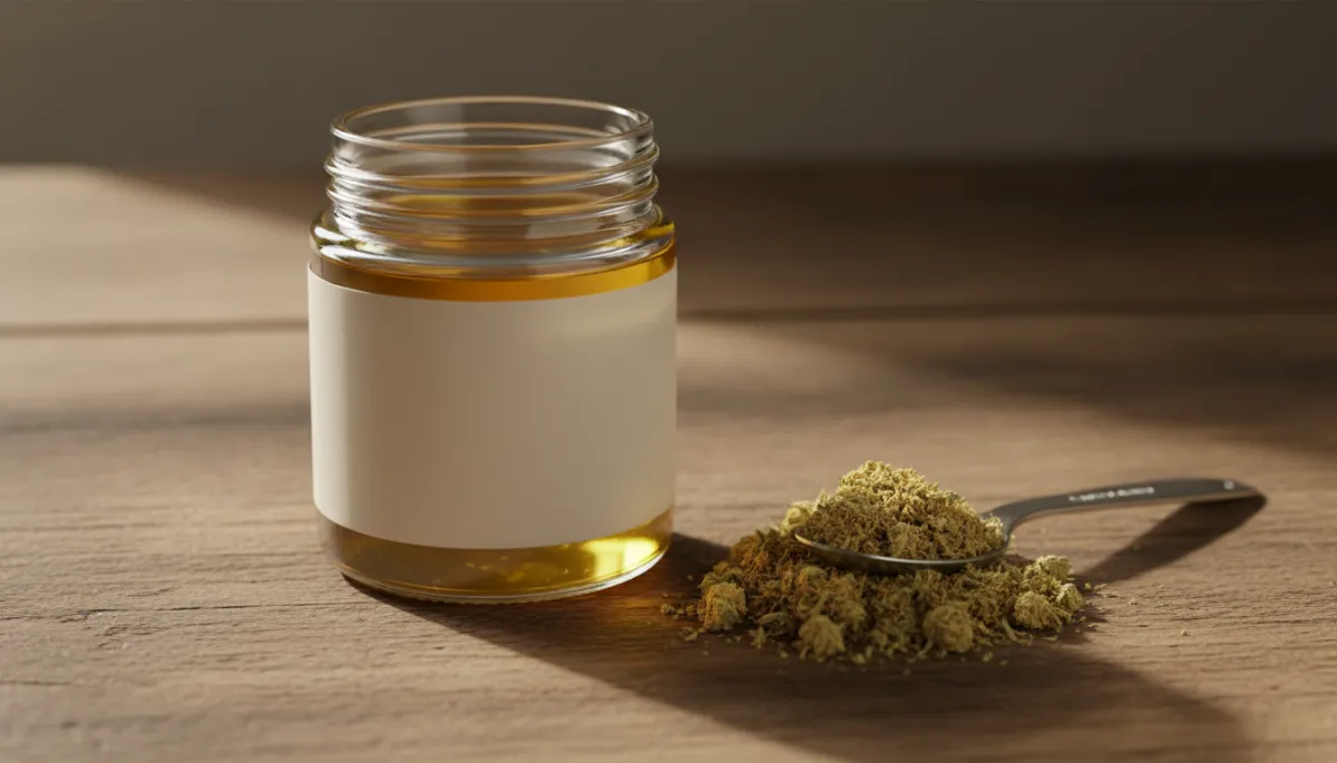 Jar of cannabis-infused oil with decarboxylated flower on a kitchen counter
