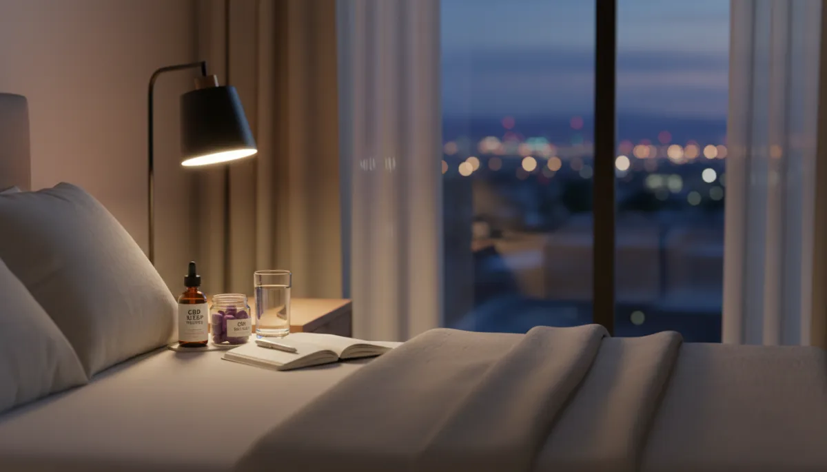 professional neutral-toned evening bedroom scene in Albuquerque with soft lamplight, a small labeled cannabis tincture bottle and gummies neatly arranged on a bedside table next to a glass of water and a sleep journal, city lights faintly visible through the window