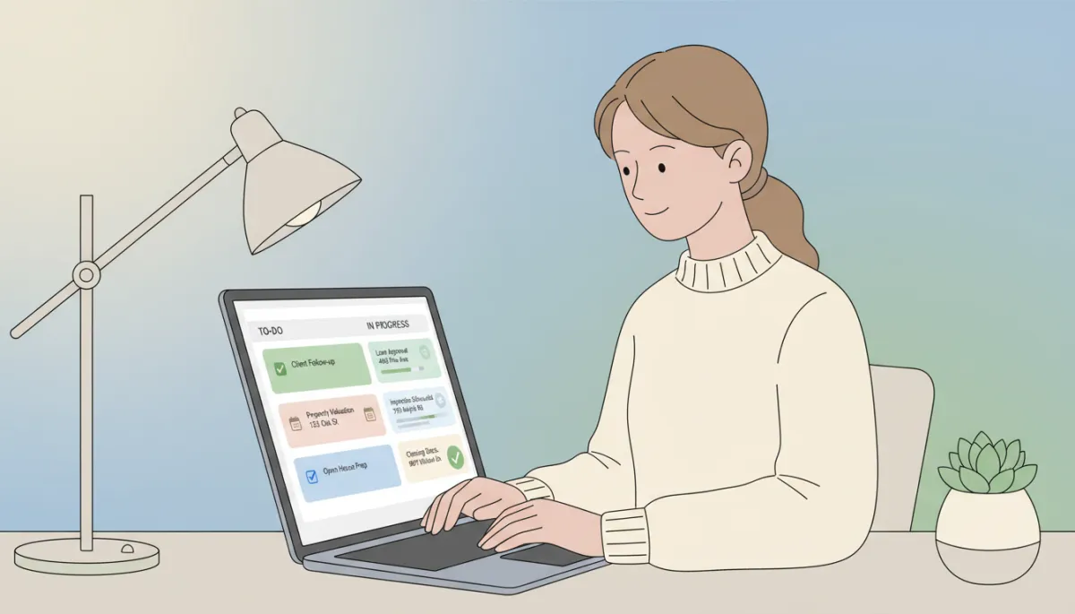 Person reviewing an automated real estate task and property dashboard on a laptop Person reviewing an automated real estate task and property dashboard on a laptop