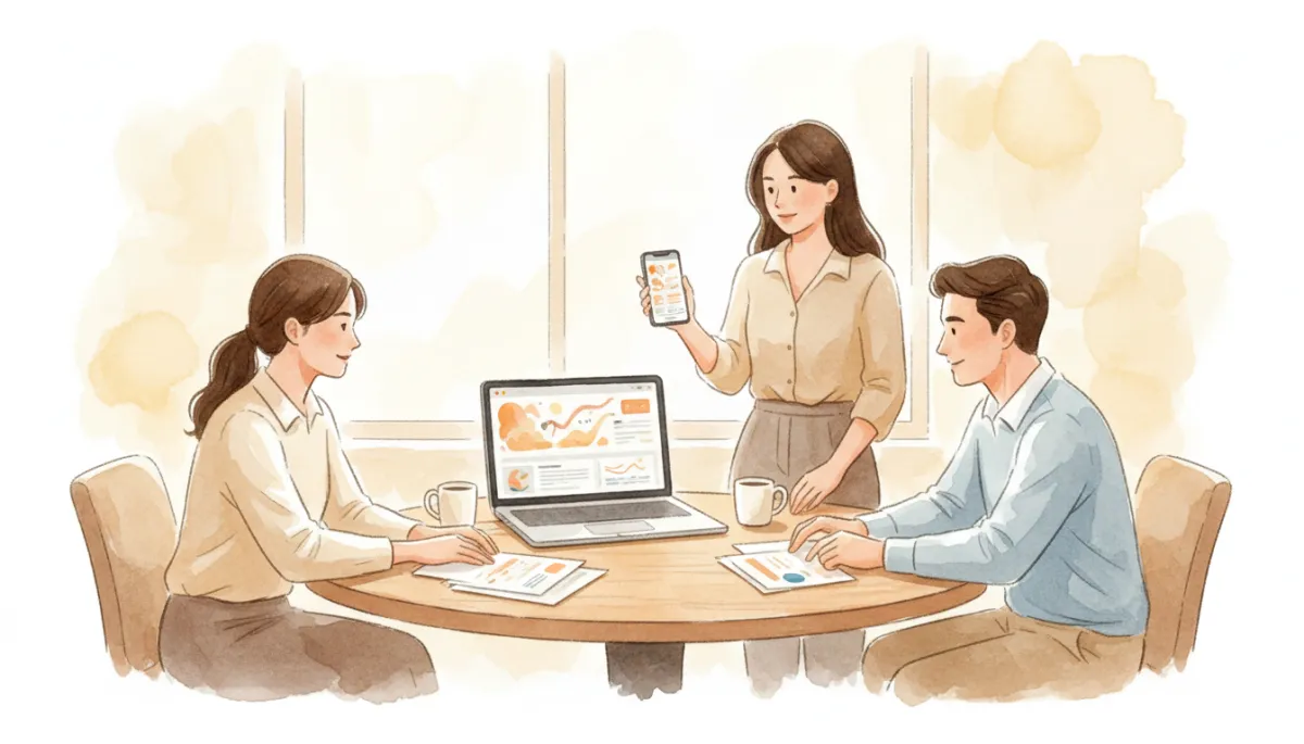 Real estate team collaborating using a lead management platform on laptops and phones Real estate team collaborating using a lead management platform on laptops and phones