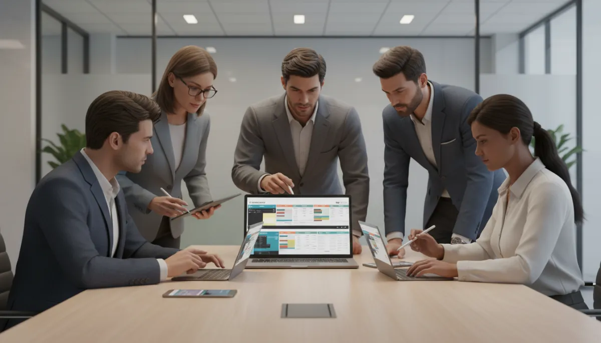 Real estate team reviewing automated appointment schedule on multiple devices