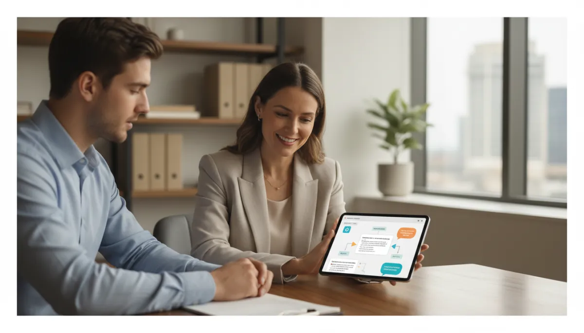 Real estate coach and agent reviewing customized AI-powered follow-up scripts on a tablet