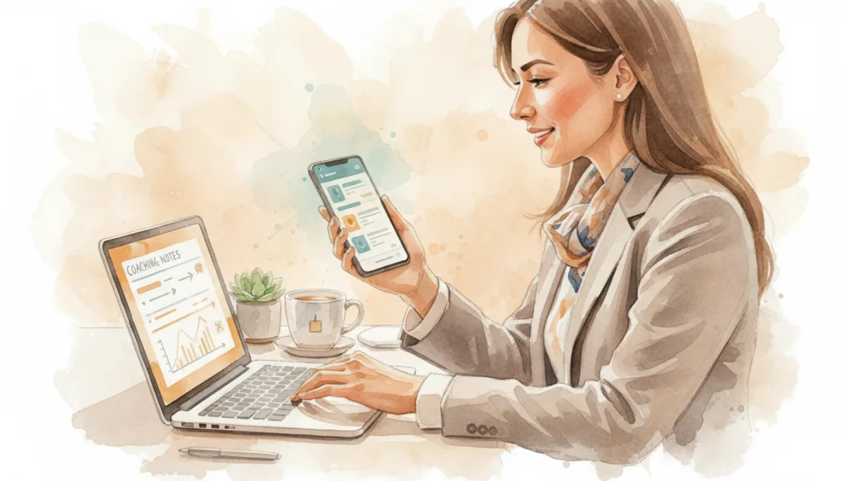 Real estate agent using a CRM mobile app alongside coaching notes on a laptop Real estate agent using a CRM mobile app alongside coaching notes on a laptop