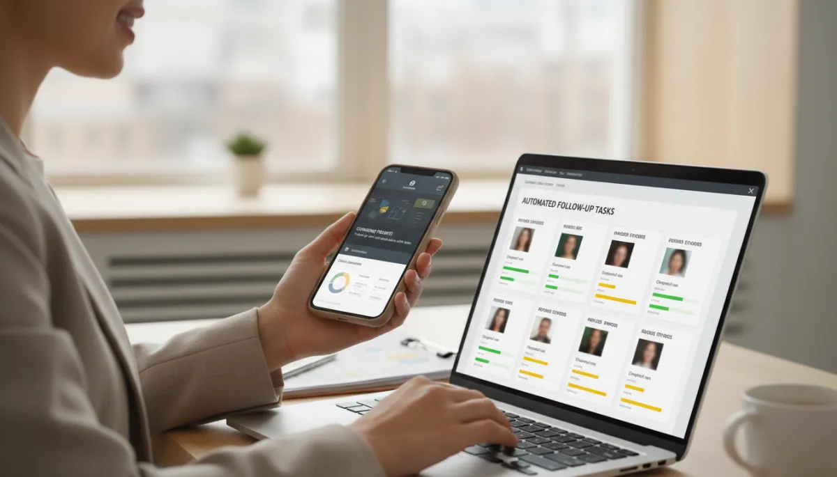 Real estate agent using a mobile CRM app with coaching prompts
