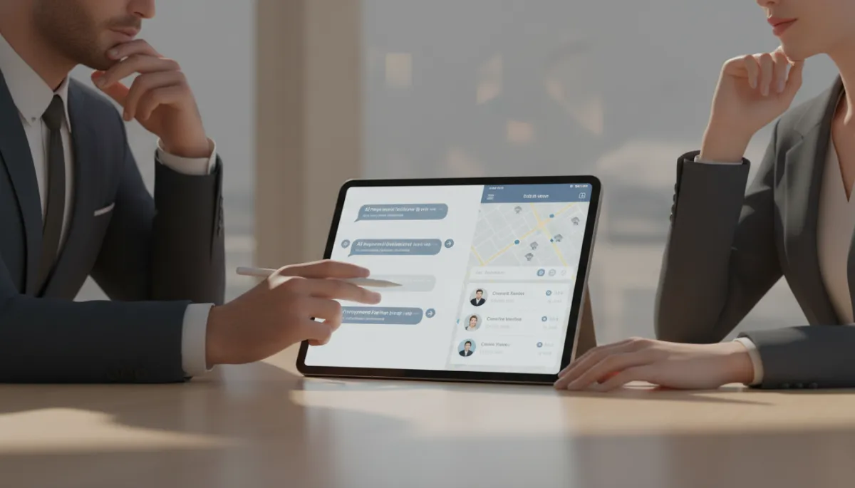 Real estate team reviewing AI-assisted follow-up messages on a tablet and mobile app
