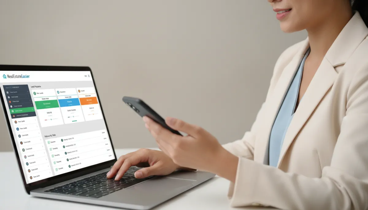 Real estate agent managing leads and follow-up tasks on mobile and laptop