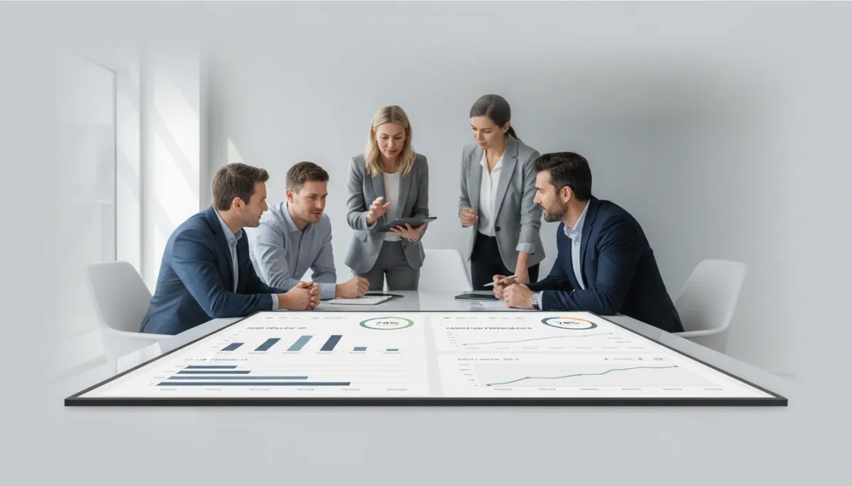 Real estate team reviewing automation and productivity dashboard in a conference room