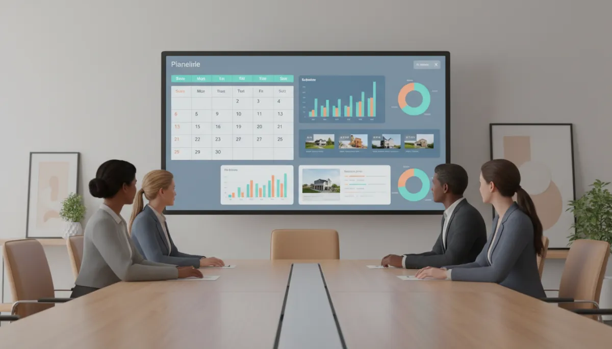 Real estate team reviewing shared calendar and pipeline dashboard in a meeting room