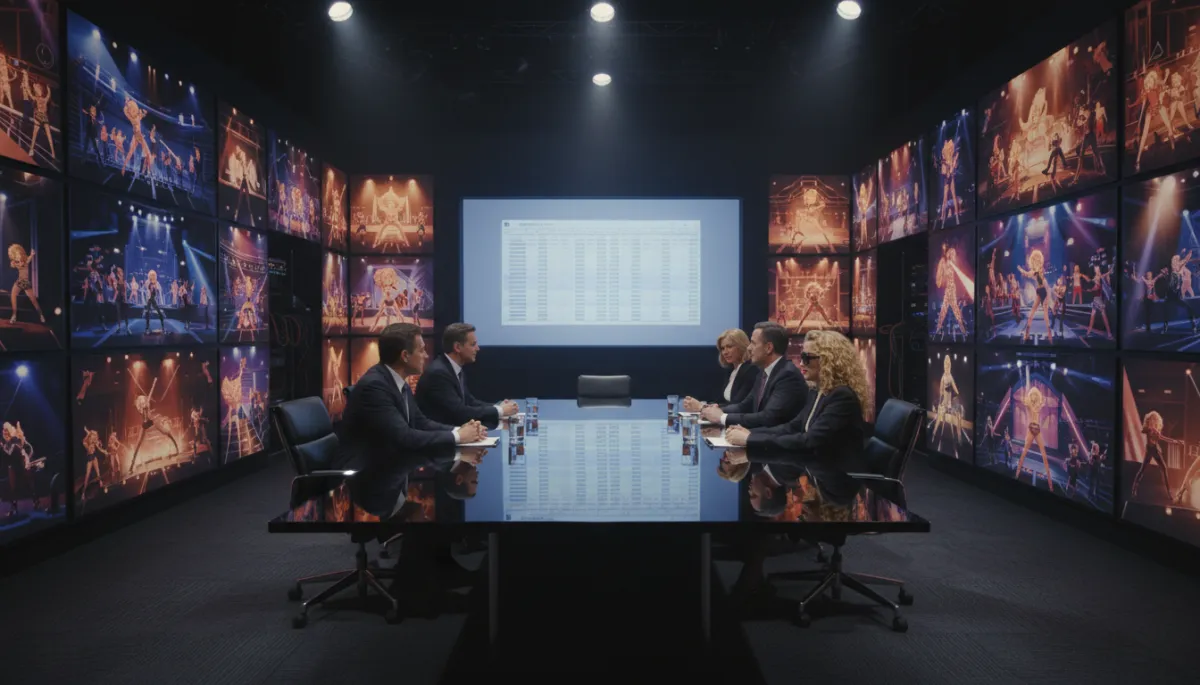 Photorealistic Hollywood studio meeting about a music biopic with budget charts on screen