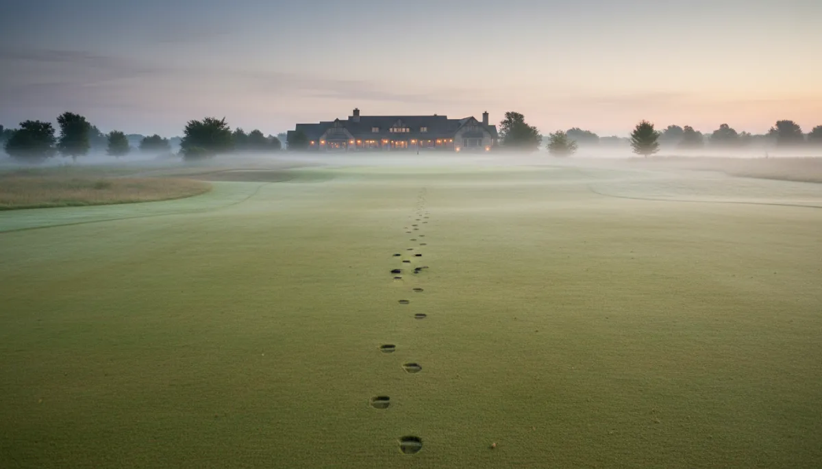 Photorealistic misty golf fairway with solitary footprints symbolizing Tiger Woods’ difficult path back