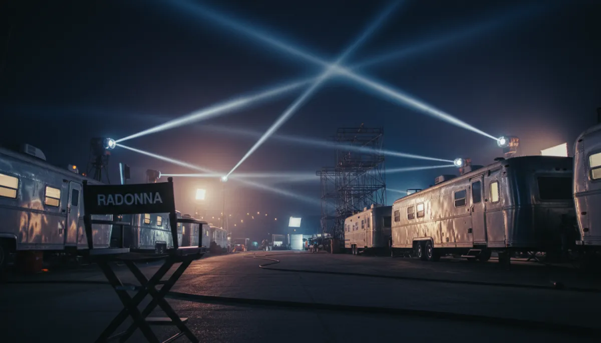 photorealistic night-time Hollywood studio backlot with bright spotlights, trailers and cranes, a lone director-style chair labeled 'Madonna' in the foreground, cinematic lighting and deep shadows
