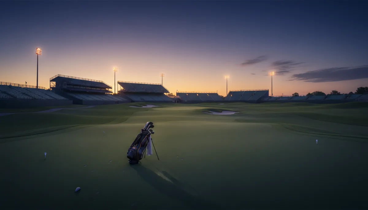 photorealistic twilight view of an empty championship golf hole with grandstands in the distance, soft neutral tones, a single golf bag standing alone near the tee, subtle stadium lights warming up in the background