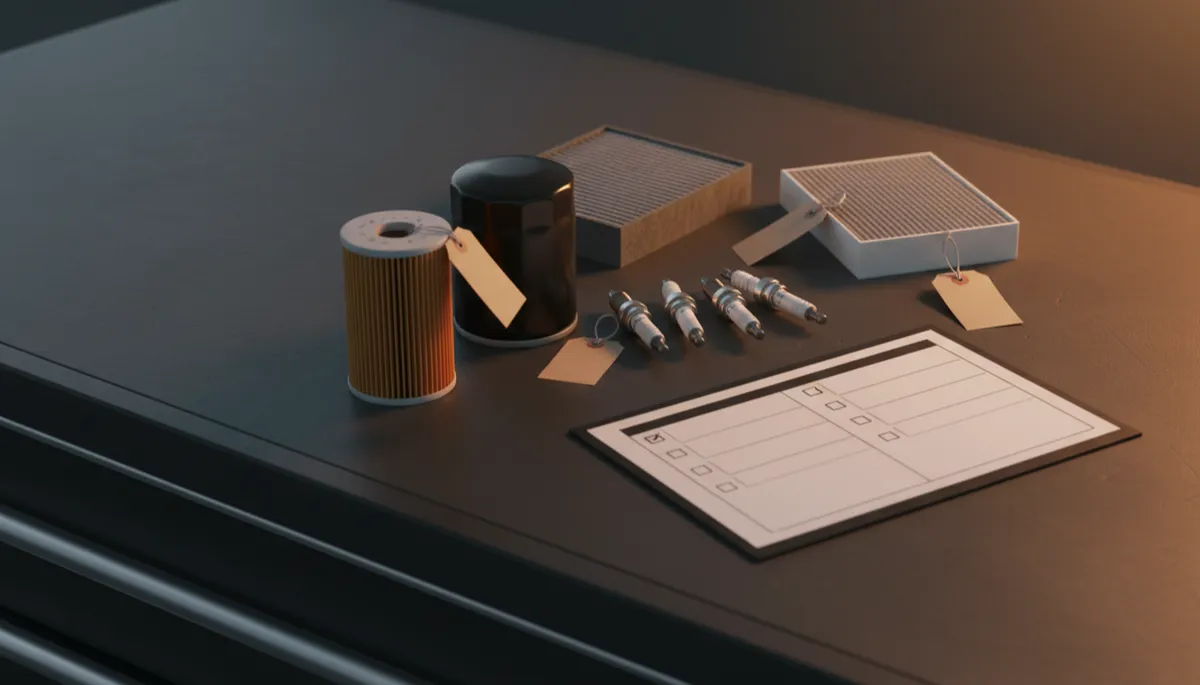 photorealistic layout of generic service parts including oil filter, air filter, cabin filter and spark plugs neatly arranged on a dark charcoal workshop bench beside a blank printed service checklist with empty checkboxes and unlabelled tags on each part, warm amber accent lighting, no visible logos or text