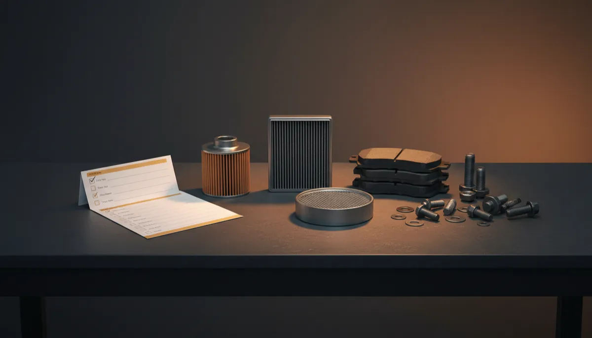 heavy-duty automotive spare parts — oil filter, differential and transmission filters, brake pad set and assorted fasteners laid out neatly on a dark charcoal workshop bench beside a printed vehicle specification checklist with blank fields and amber-highlighted checkboxes, warm amber accent lighting from above, no visible brand logos or readable text