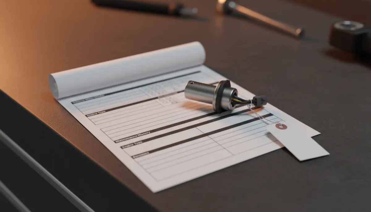 photorealistic printed vehicle information sheet with blank fields laid flat on a dark charcoal automotive counter, next to a generic unbranded car sensor with a hanging label tag facing up, soft amber accent lighting, shallow depth of field, no logos or readable text