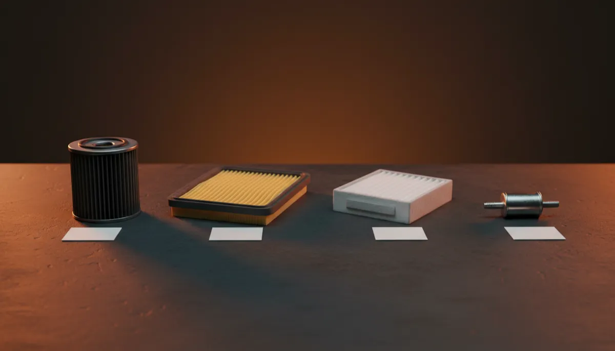 photorealistic close-up of four distinct automotive filter types — a cylindrical spin-on oil filter, a flat pleated-paper engine air filter, a rectangular cabin or pollen filter, and a small inline metal fuel filter — arranged in a neat row on a dark charcoal workshop bench with amber accent lighting, small blank white label cards in front of each filter as placeholders for editorial labels