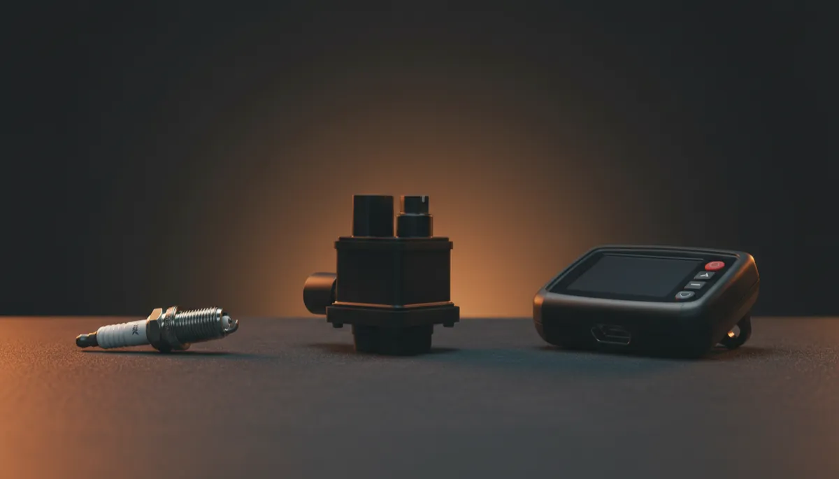 Photorealistic scene on a dark charcoal workshop bench showing a single spark plug on the left, an ignition coil pack in the centre, and a handheld OBD diagnostic scanner on the right, all clearly separated and well lit with warm amber accent lighting, no brand logos or readable text
