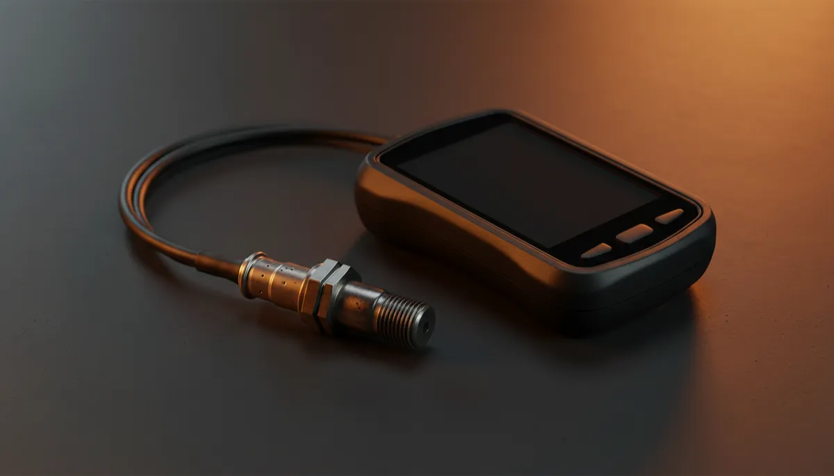Photorealistic close-up on a dark charcoal workshop bench showing an oxygen sensor with threaded metal body and wire lead placed beside a handheld OBD diagnostic scanner with a blank dark screen, both clearly separated and sharply lit with warm amber accent lighting, no brand logos or readable text